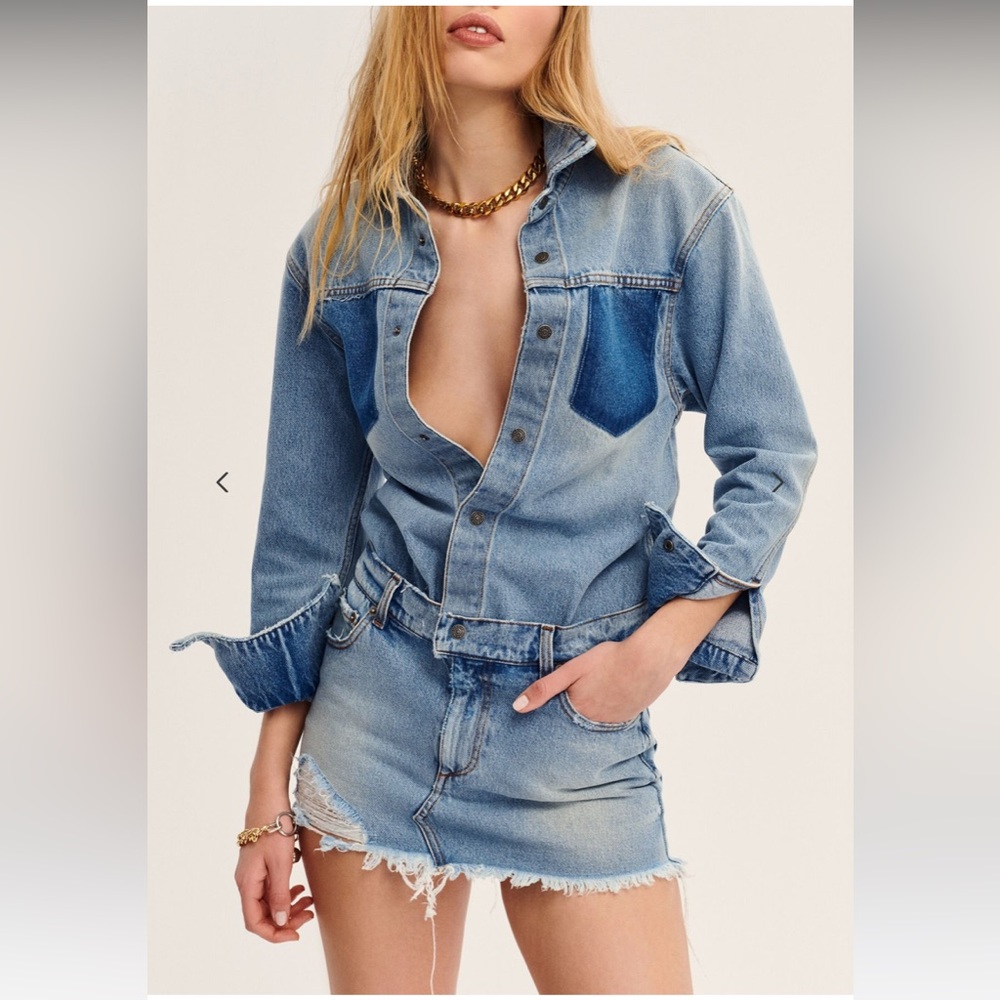 NWT SER.O.YA NYC Linda denim cotton long sleeve mini shirt dress blue SEROYA